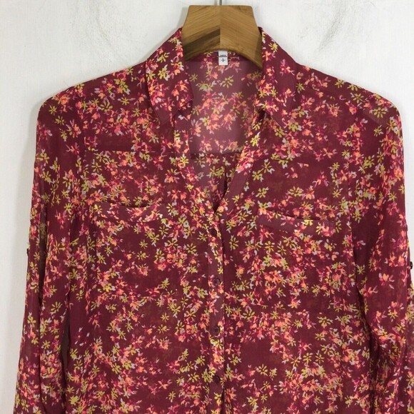 Express Womens Portofino Floral Long Sleeve Button Down Shirt Red/Multi Small - Picture 2 of 6